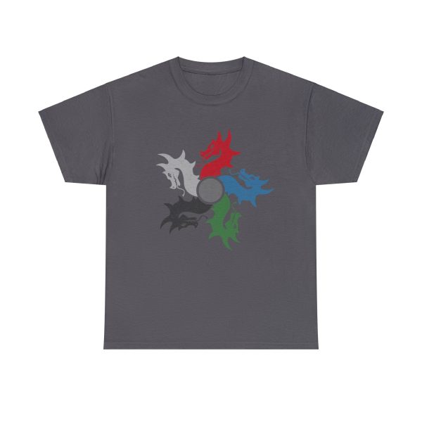 The DnD symbol of tiamat, a 5-headed dragon, on a charcoal gray shirt