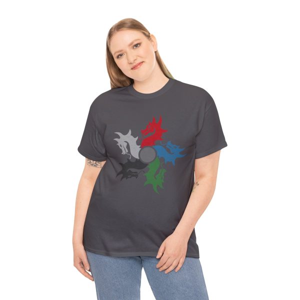 The DnD symbol of tiamat, a 5-headed dragon, on a charcoal gray shirt worn by a woman