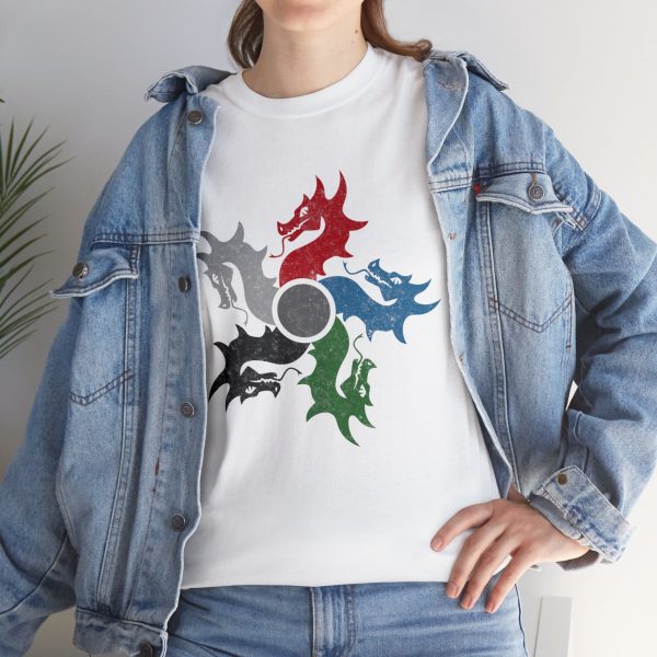 The DnD symbol of tiamat, a 5-headed dragon, on a white shirt under a jean jacket