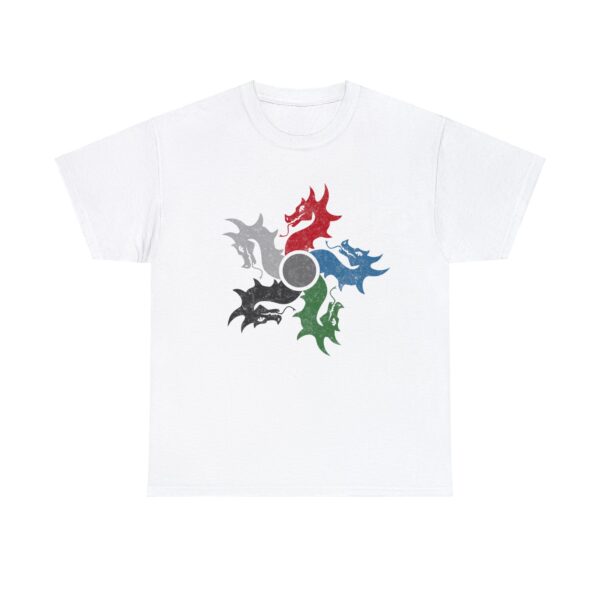 The DnD symbol of tiamat, a 5-headed dragon, on a white shirt