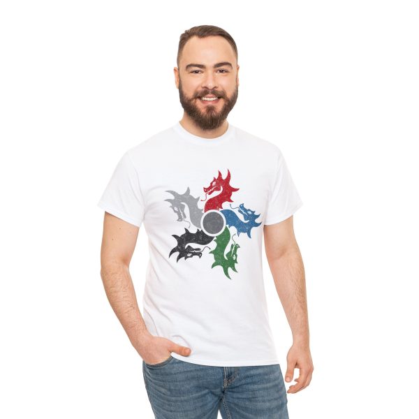 The DnD symbol of tiamat, a 5-headed dragon, on a white shirt worn by a man