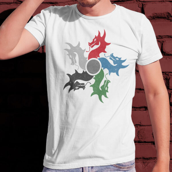 The DnD symbol of tiamat, a 5-headed dragon, on a white shirt worn by a man standing
