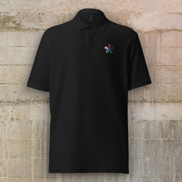 The symbol of Tiamat, a 5-headed dragon, the queen of evil dragons, on a black polo shirt