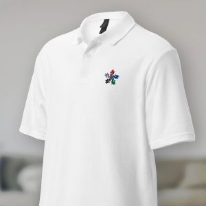 The symbol of Tiamat, a 5-headed dragon, the queen of evil dragons, on a white polo shirt, main image