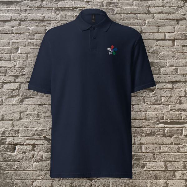 The symbol of Tiamat, a 5-headed dragon, the queen of evil dragons, on a navy blue polo shirt