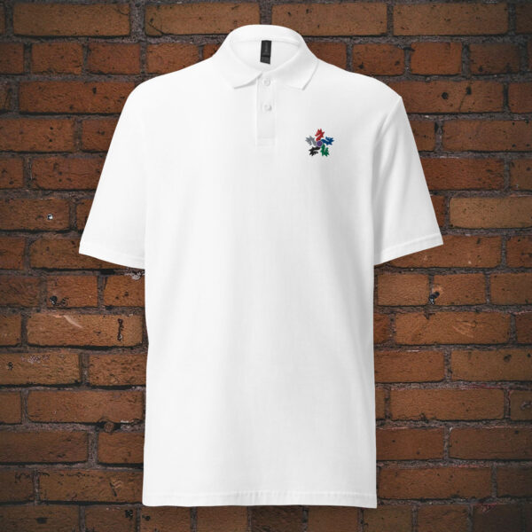 The symbol of Tiamat, a 5-headed dragon, the queen of evil dragons, on a white polo shirt