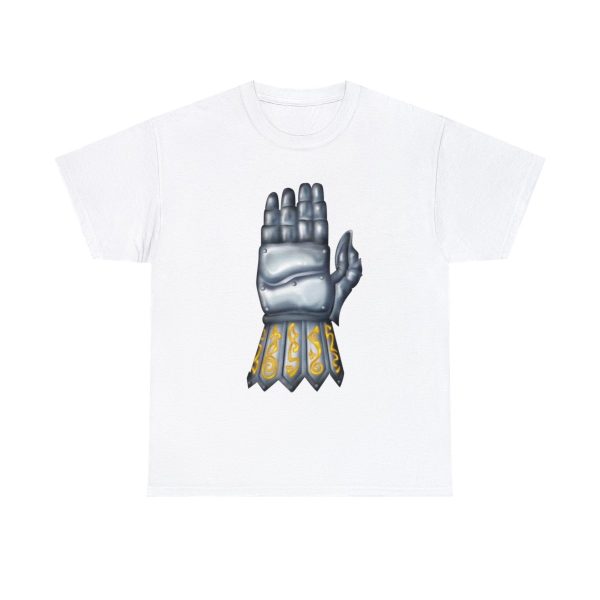 white t-shirt with the symbol of torm, a right-hand gauntlet held upright with palm away