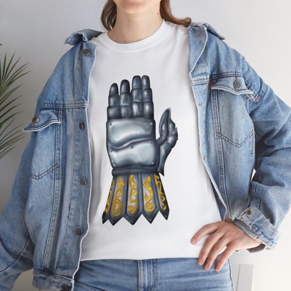 white t-shirt with the symbol of torm, a right-hand gauntlet held upright with palm away, under a jean jacket