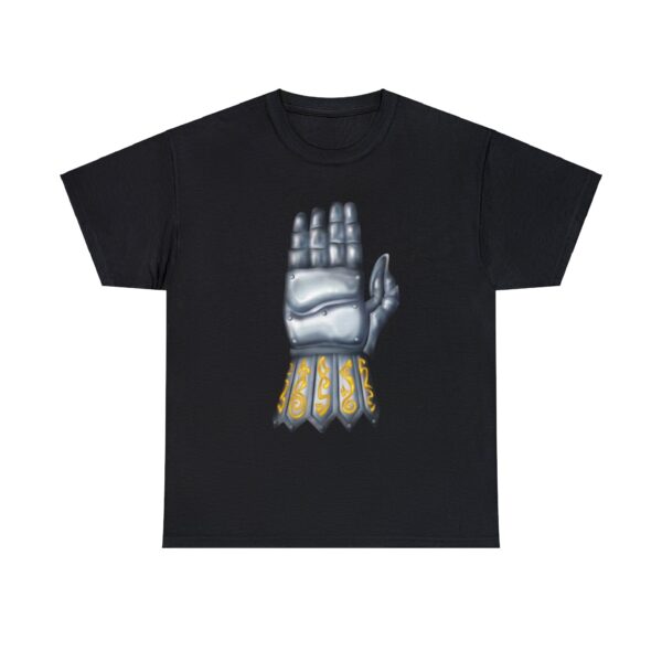 black t-shirt with the symbol of torm, a right-hand gauntlet held upright with palm away