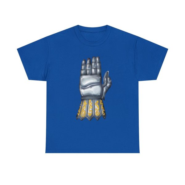 royal blue t-shirt with the symbol of torm, a right-hand gauntlet held upright with palm away