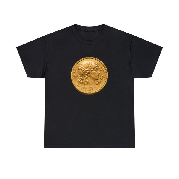 Coin with Tymora's face, the symbol of Tymora, on a black shirt