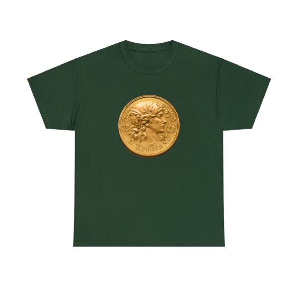 Coin with Tymora's face, the symbol of Tymora, on a forest green shirt