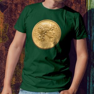 Coin with Tymora's face, the symbol of Tymora, on a forest green shirt worn by a man standing against a wall