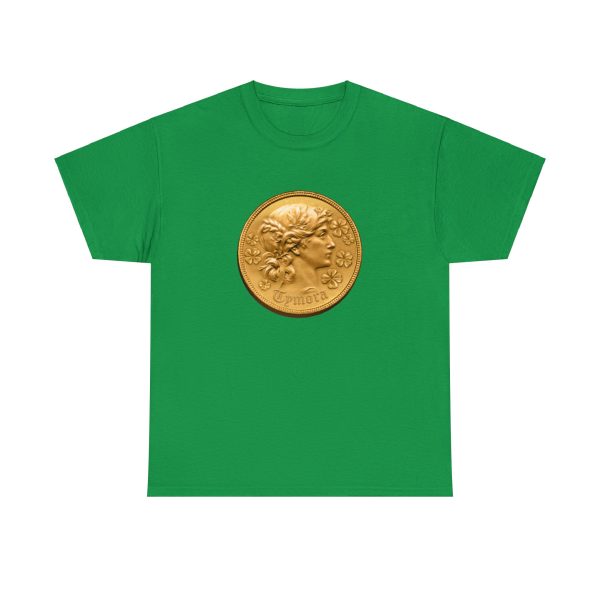 Coin with Tymora's face, the symbol of Tymora, on a irish green shirt
