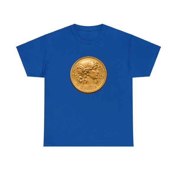 Coin with Tymora's face, the symbol of Tymora, on a royal blue shirt