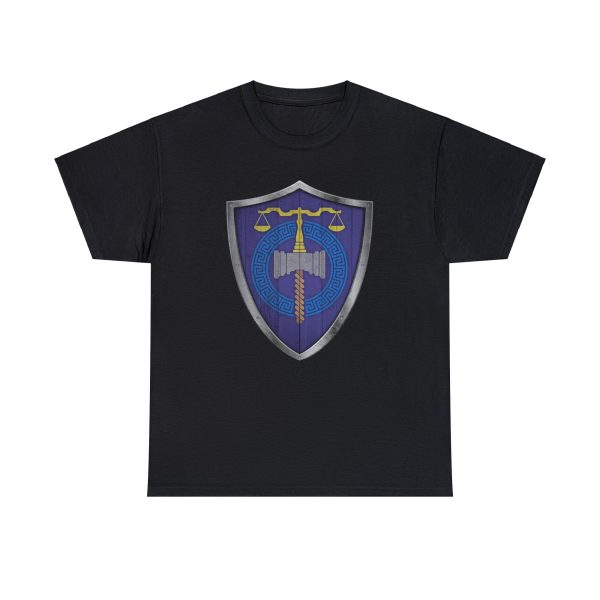 The DnD symbol of Tyr, balanced scales resting on a warhammer, representing justice through force, on a black shirt