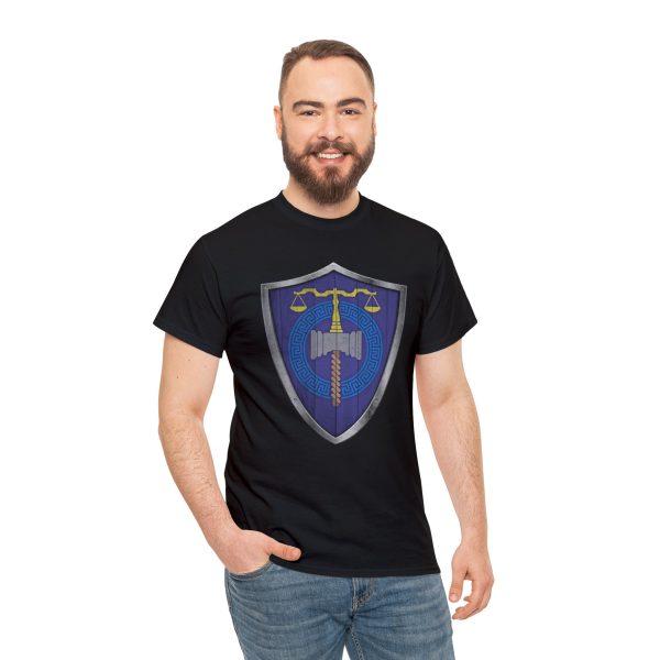 The DnD symbol of Tyr, balanced scales resting on a warhammer, representing justice through force, on a black shirt worn by a man