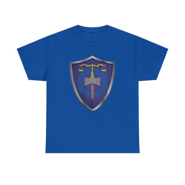 The DnD symbol of Tyr, balanced scales resting on a warhammer, representing justice through force, on a royal blue shirt
