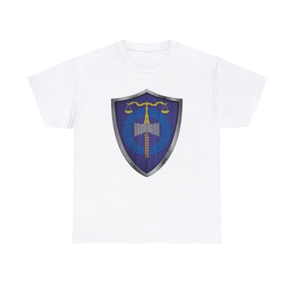 The DnD symbol of Tyr, balanced scales resting on a warhammer, representing justice through force, on a white shirt
