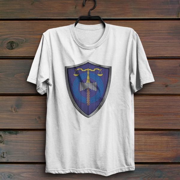 The DnD symbol of Tyr, balanced scales resting on a warhammer, representing justice through force, on a white shirt hanging on a wall