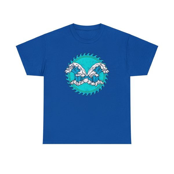 The DnD symbol of Umberlee, a blue-green wave curling left and right, on a royal blue shirt