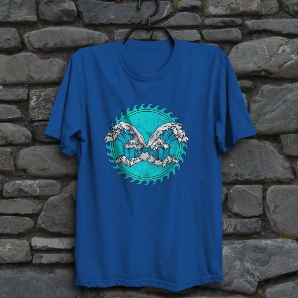 The DnD symbol of Umberlee, a blue-green wave curling left and right, on a royal blue shirt hanging on a wall