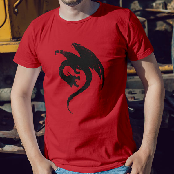 The symbol of the Uthgar Dragon Great Wyrn Tribe, on a red shirt worn by a man against a wall