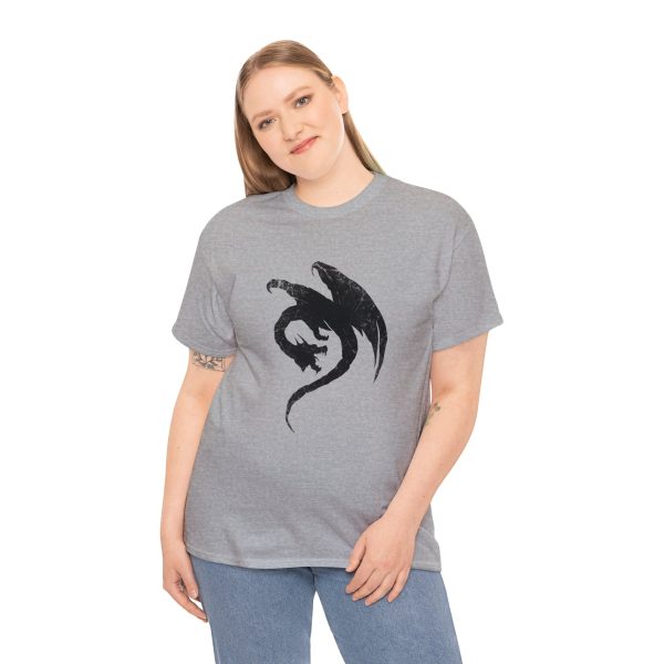 The symbol of the Uthgar Dragon Great Wyrn Tribe, on a sport gray shirt worn by a woman