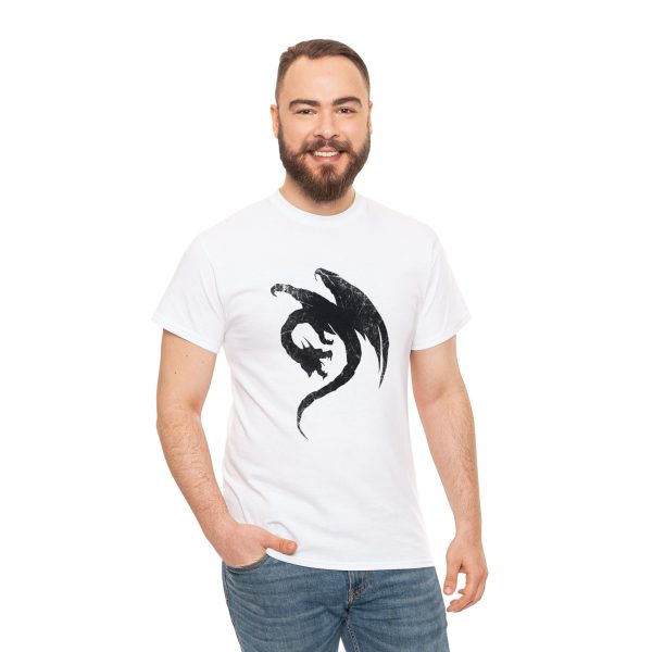 The symbol of the Uthgar Dragon Great Wyrn Tribe, on a white shirt worn by a man