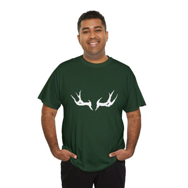 Uthgar Elk Horn symbol on a forest green shirt worn by a man