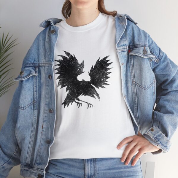 Uthgar Black Raven Tribe, on a white shirt under a jean jacket