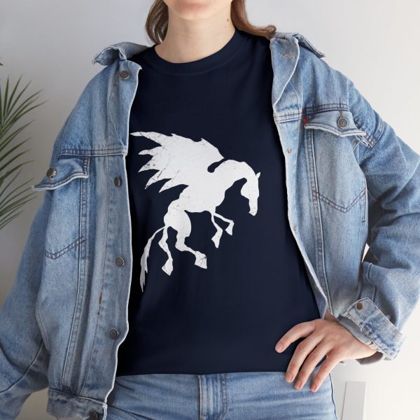 Uthgardt Sky Pony tribe symbol, on a navy blue shirt under a jean jacket