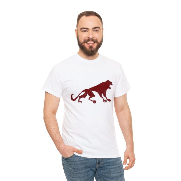 Uthgar red tiger symbol, on a white shirt worn by a man
