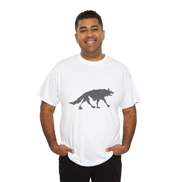 Uthgar grey wolf symbol, on a white shirt worn by a man