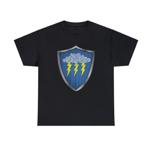 The DnD symbol of Valkur, a cloud with three lightning bolts on a shield, on a black shirt