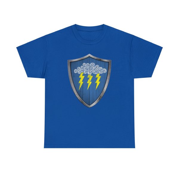 The DnD symbol of Valkur, a cloud with three lightning bolts on a shield, on a royal blue shirt
