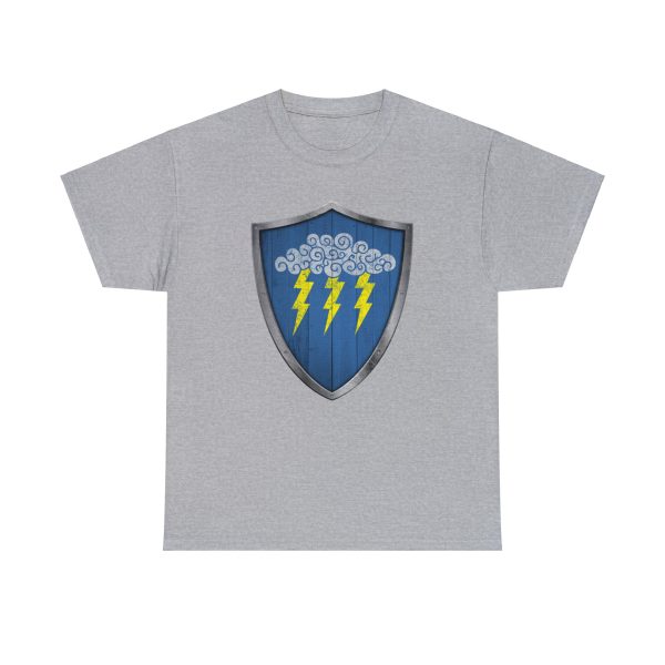 The DnD symbol of Valkur, a cloud with three lightning bolts on a shield, on a sport gray shirt