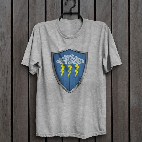 The DnD symbol of Valkur, a cloud with three lightning bolts on a shield, on a sport gray shirt hanging on a wall