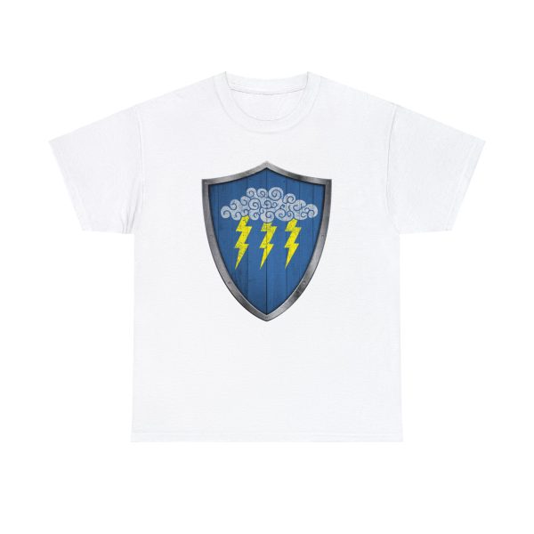 The DnD symbol of Valkur, a cloud with three lightning bolts on a shield, on a white shirt