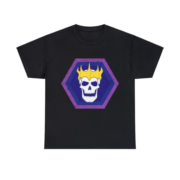Black t-shirt with the symbol of Velsharoon, a crowned laughing lich on a solid blue hexagon