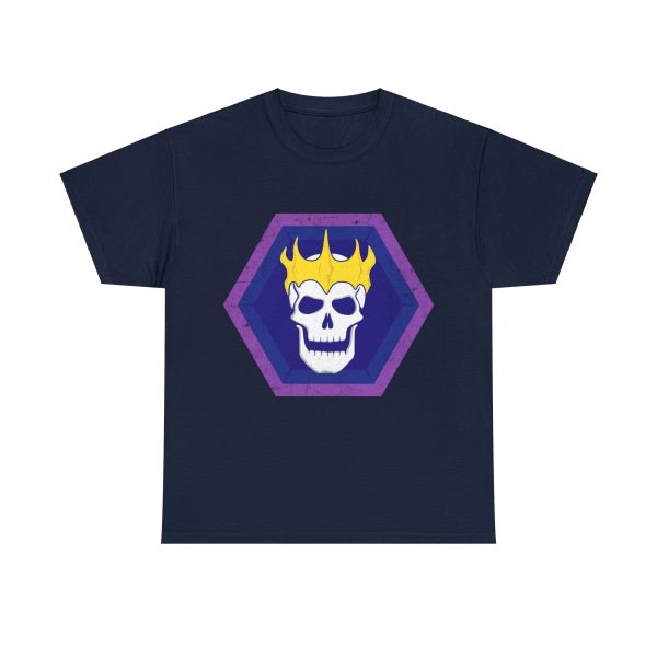 Navy blue t-shirt with the symbol of Velsharoon, a crowned laughing lich on a solid blue hexagon