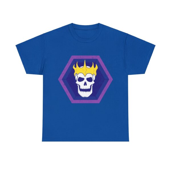 Royal blue t-shirt with the symbol of Velsharoon, a crowned laughing lich on a solid blue hexagon