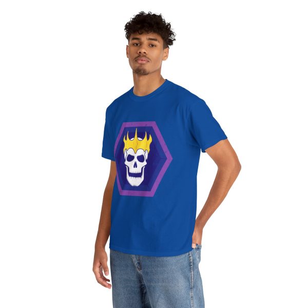 Royal blue t-shirt with the symbol of Velsharoon, a crowned laughing lich on a solid blue hexagon, on a man