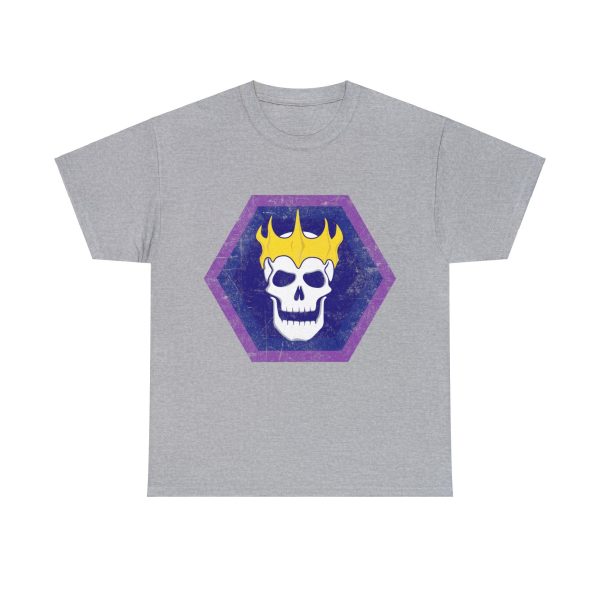 Sport gray t-shirt with the symbol of Velsharoon, a crowned laughing lich on a solid blue hexagon