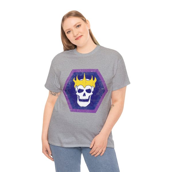 Sport gray t-shirt with the symbol of Velsharoon, a crowned laughing lich on a solid blue hexagon, on a woman