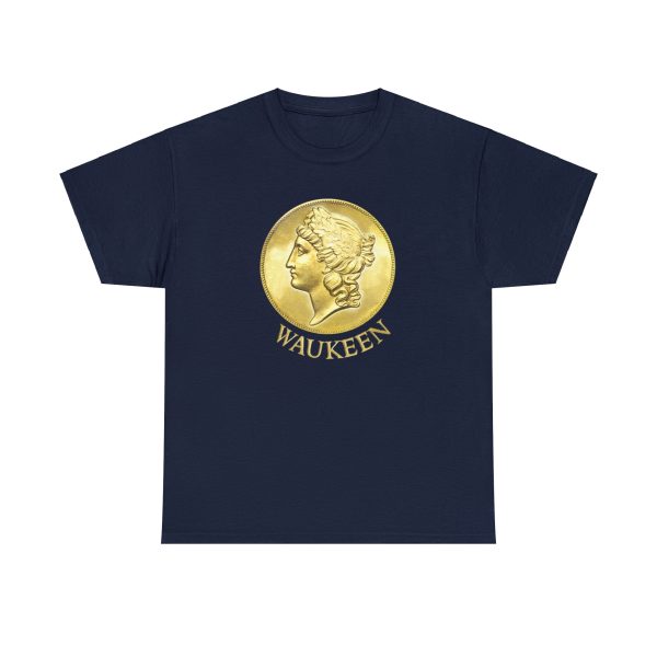 The DnD symbol of Waukeen, an upright coin with Waukeen’s profile facing left, on a navy blue shirt