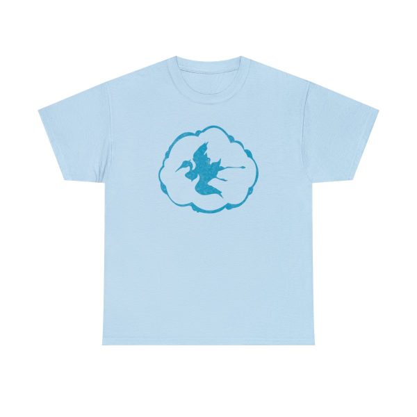 A shirt with the symbol of Aerdrie Faenya, a bird in a cloud. The goddess of air and freedom. Her symbol on a light blue shirt