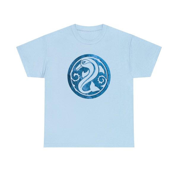 A shirt with the symbol of Deep Sashelas, a jumping dolphin. The god of the aquatic elves. On a light blue shirt