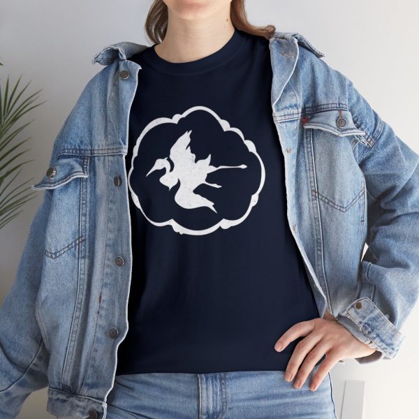 A shirt with the symbol of Aerdrie Faenya, a bird in a cloud. The goddess of air and freedom. Her symbol on a navy blue shirt, under a jean jacket.