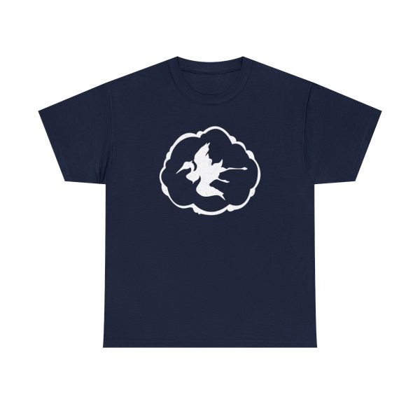 A shirt with the symbol of Aerdrie Faenya, a bird in a cloud. The goddess of air and freedom. Her symbol on a navy blue shirt